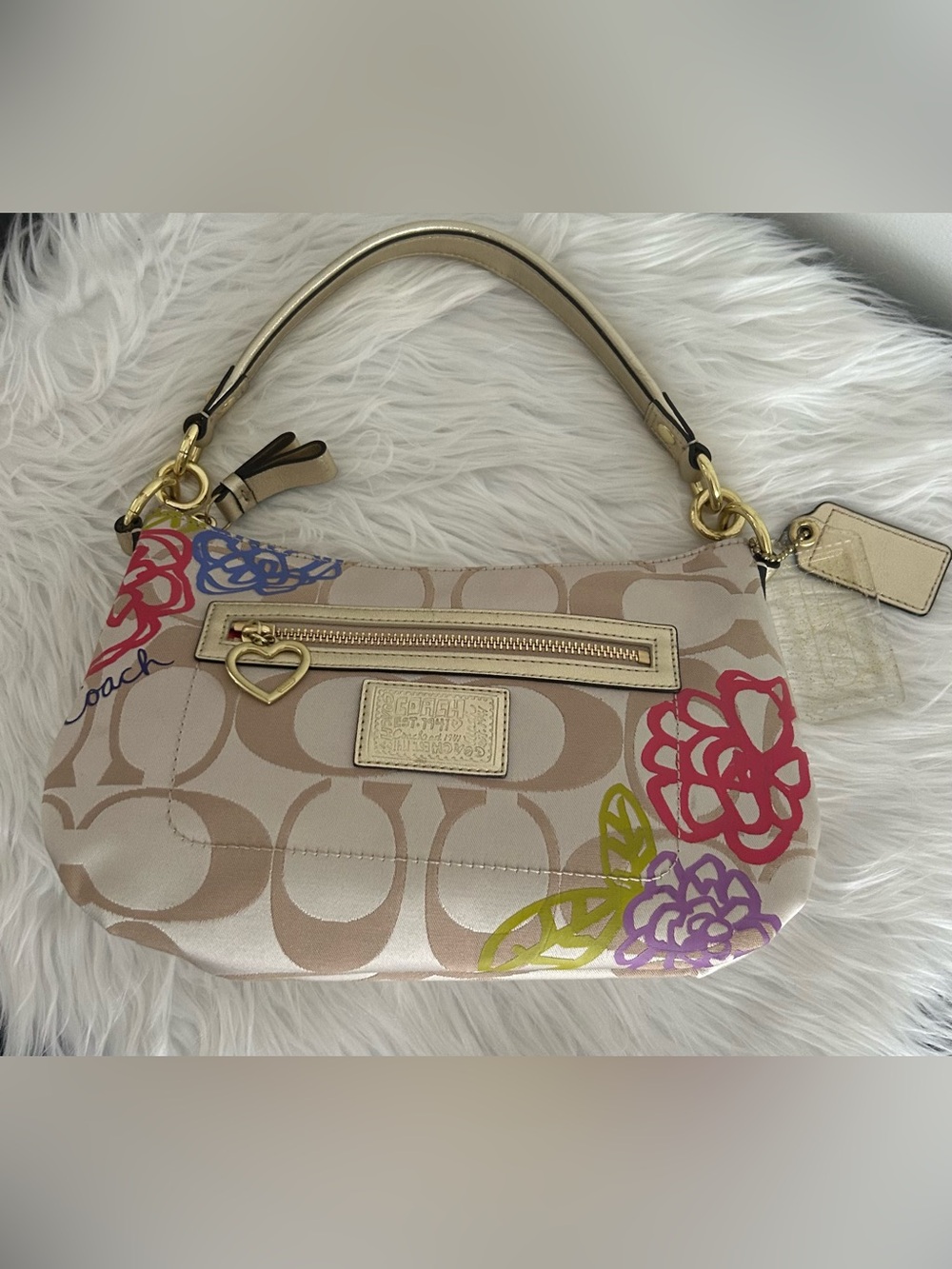 Coach Beige Signature Shoulder Bag with Pink Purple Green Floral Accents - Picture 4 of 16
